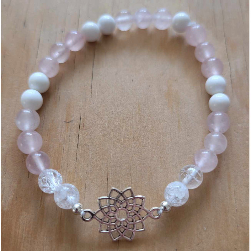 bracelet fleur quartz rose et agate blanche