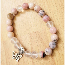 bracelet opale rose et cristal de roche - coeur et papillon