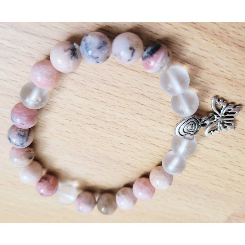 bracelet opale rose et cristal de roche - coeur et papillon