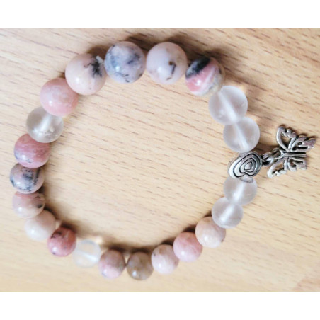 bracelet opale rose et cristal de roche - coeur et papillon