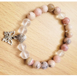 bracelet opale rose et cristal de roche - coeur et papillon