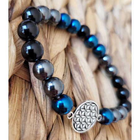 bracelet hématite, agate noire et fleur de vie