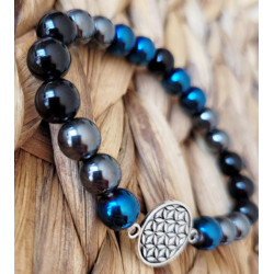 bracelet hématite, agate noire et fleur de vie