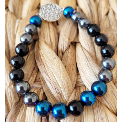 bracelet hématite, agate noire et fleur de vie