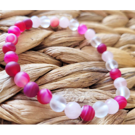 bracelet agate, cristal de roche et quartz rose 6mm