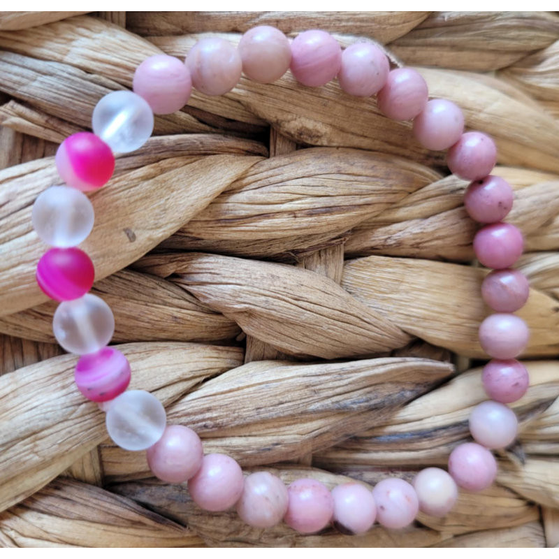 bracelet rhodonite, cristal de roche et agate 6mm