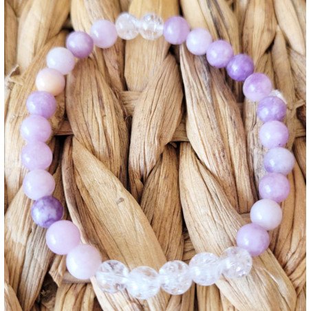 bracelet lépidolite et cristal de roche 6mm