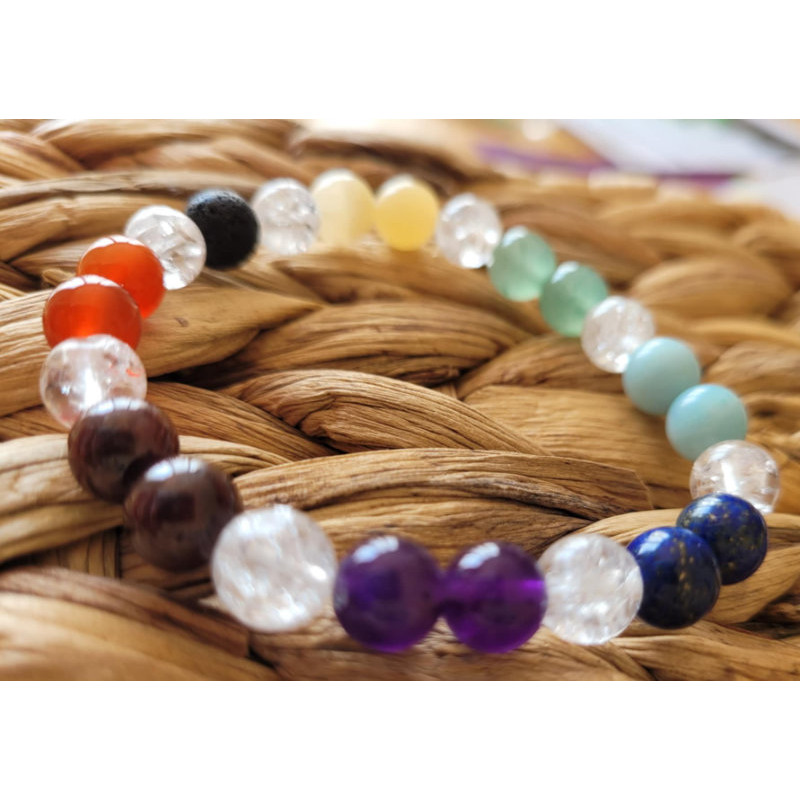 bracelet 7 chakras, cristal de roche et pierre de lave bracelet 7 chakras, cristal de roche et pierre de lave