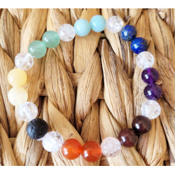bracelet 7 chakras, cristal de roche et pierre de lave