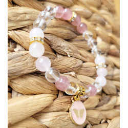 Bracelet papillon, quartz rose et cristal de roche