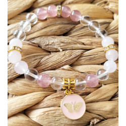Bracelet papillon, quartz rose et cristal de roche