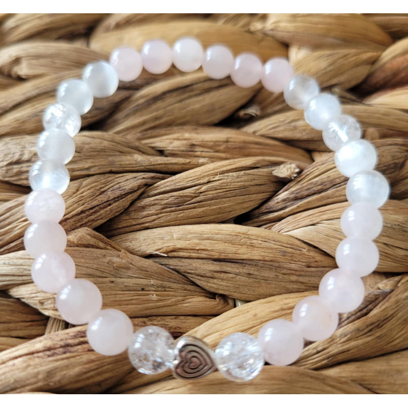 bracelet quartz rose, sélénite et cristal de roche 6mm