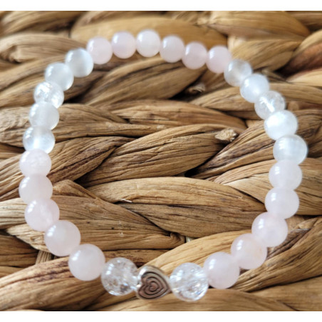 bracelet quartz rose, sélénite et cristal de roche 6mm