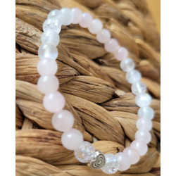 bracelet quartz rose, sélénite et cristal de roche 6mm